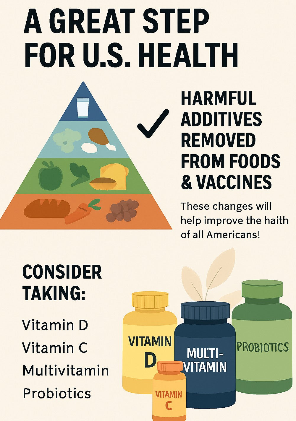 A New Era in American Health food pyramid image highlighting additive reforms and suggested vitamins.