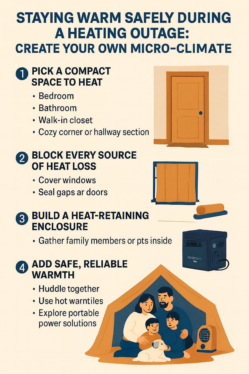 Infographic on Staying Warm Safely During a Heating Outage with tips on creating a micro-climate.