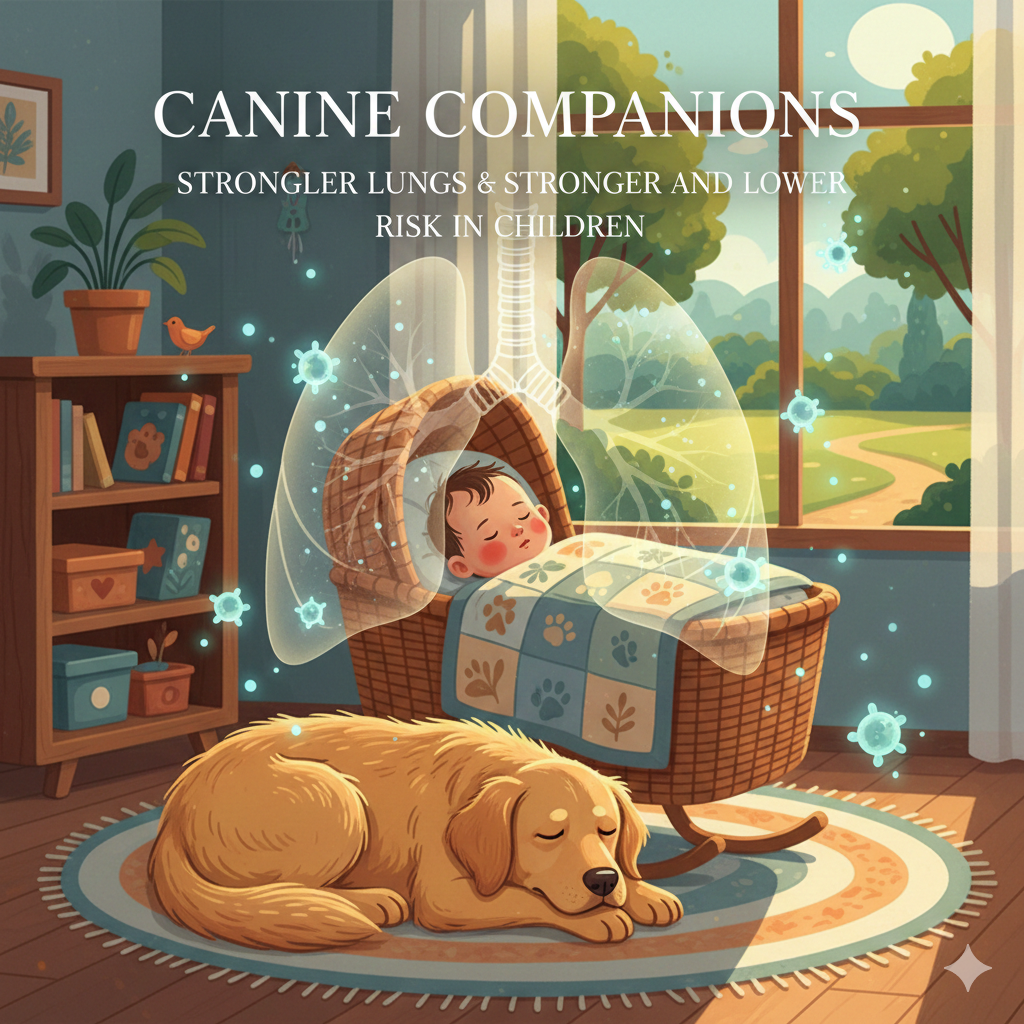 A baby in a room with a dog, illustrating the benefits of Dogs and Babies for stronger lungs and lower asthma risk.