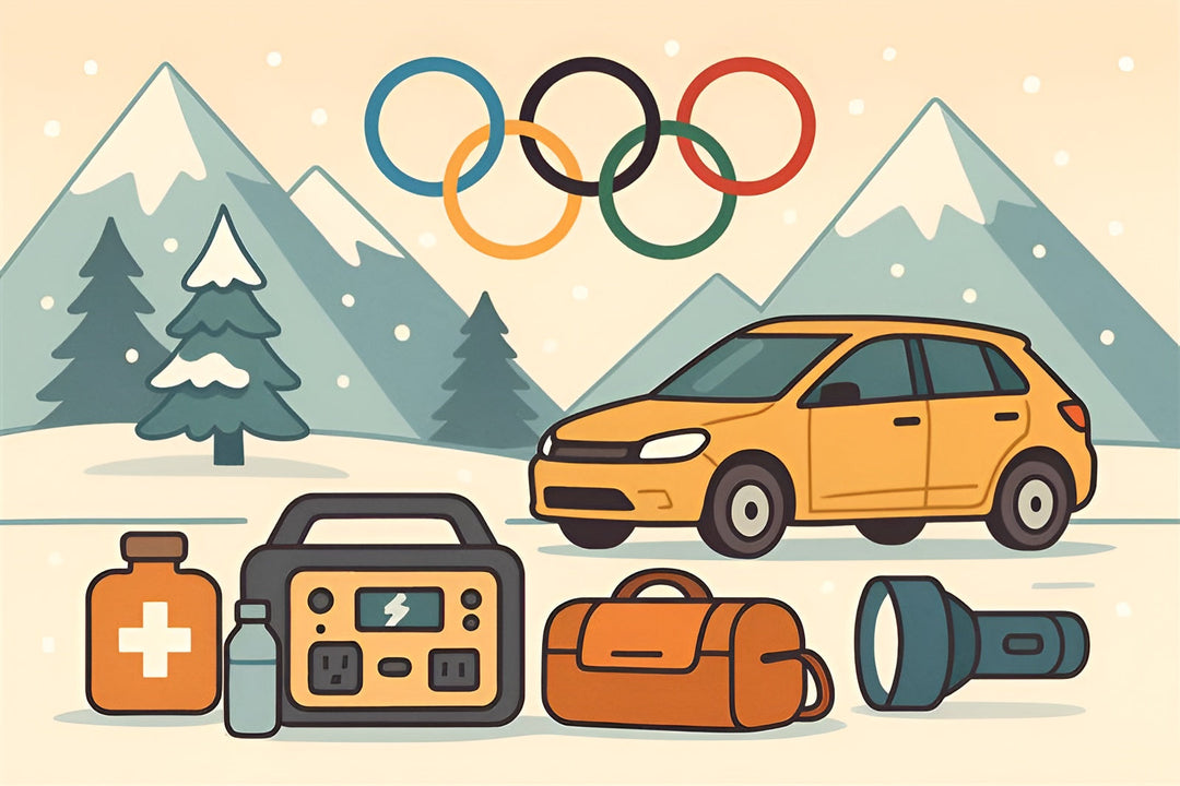 Illustration of OlympicLevel Preparedness with a car, gear, and mountains in the background, featuring the Olympic rings.
