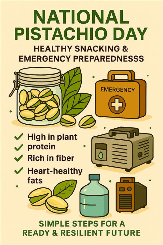 Image highlighting National Pistachio Day with snacks and emergency preparedness tips for healthy eating.