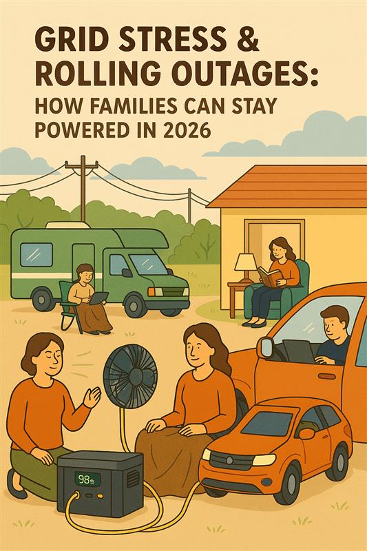 Illustration about Grid Stress & Rolling Outages featuring families preparing for power needs in 2026.