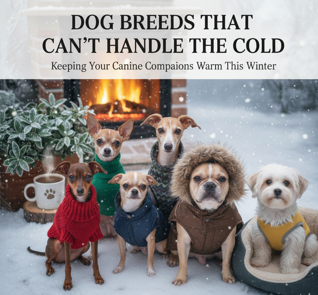 Dogs wearing winter coats by a fireplace in a snowy setting for the article Dog Breeds That Can’t Handle the Cold.