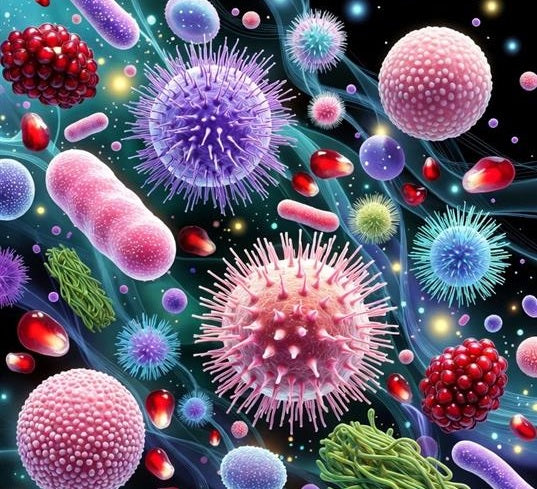 Discover the Gut Superhero: colorful microscopic view of various gut bacteria, including Akkermansia muciniphila.