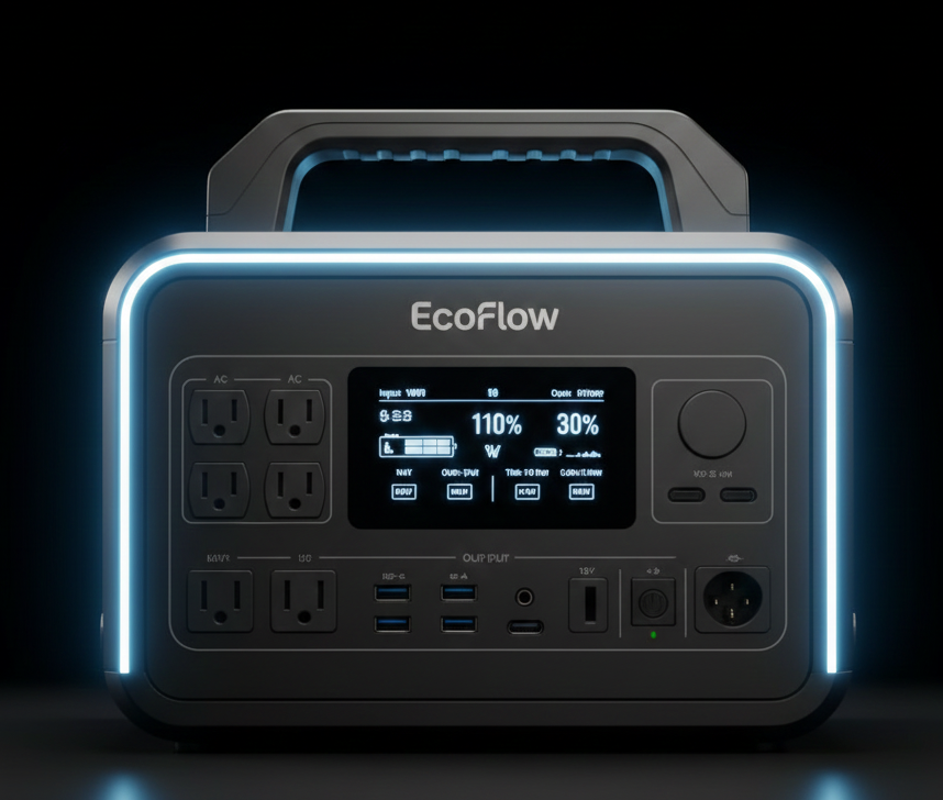 EcoFlow solar generator display showing power output, perfect for learning how to choose a solar generator.