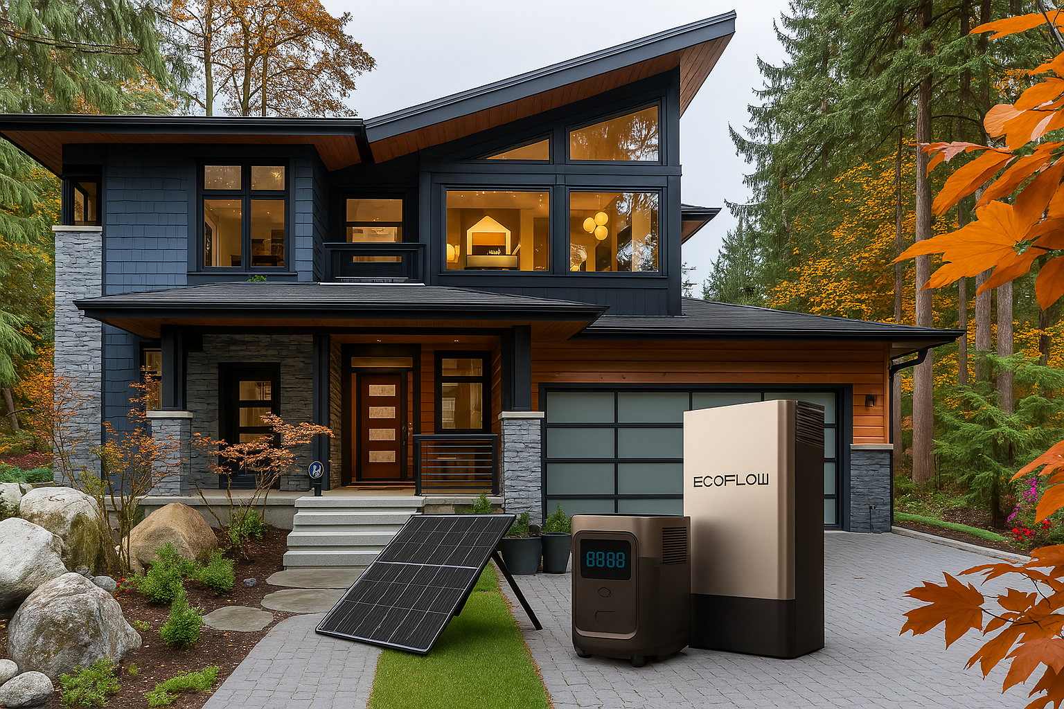 Ecoflow portable power solutions with solar panel in front of modern home surrounded by autumn foliage.