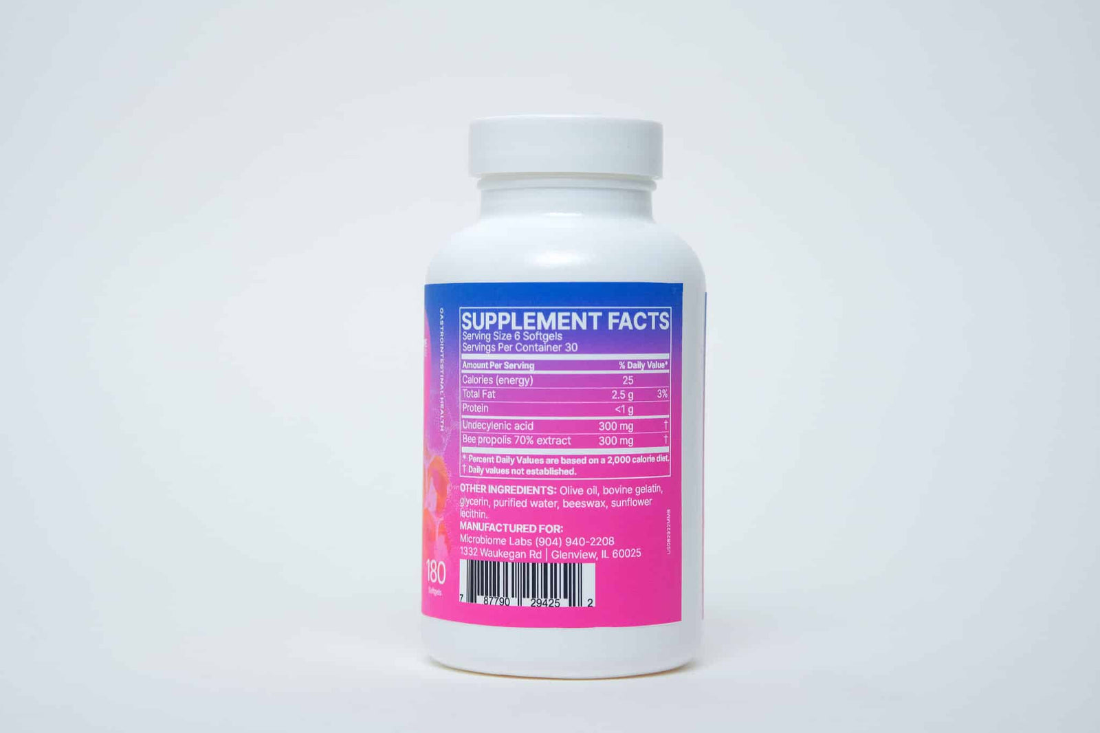 Microbiome Labs MegaMycoBalance supplement bottle showing supplement facts and dosage information on the label.