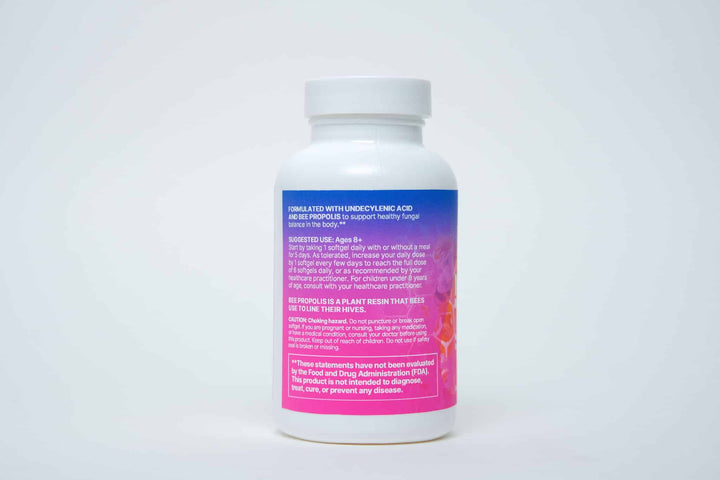 Microbiome Labs MegaMycoBalance 180 Caps bottle promoting fungal balance with undecylenic acid and bee propolis.