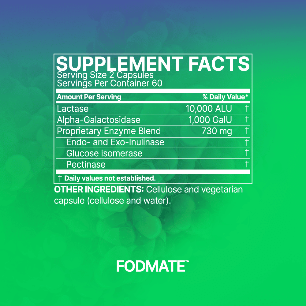 Microbiome Labs FODMate Supplement Facts including enzyme blend and ingredients list for digestive support.