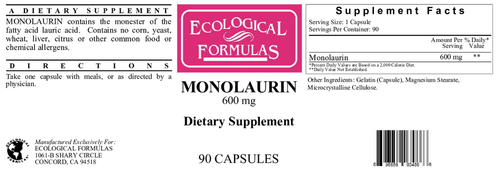 Ecological Formulas Monolaurin 600 mg dietary supplement label showing supplement facts and directions for use.