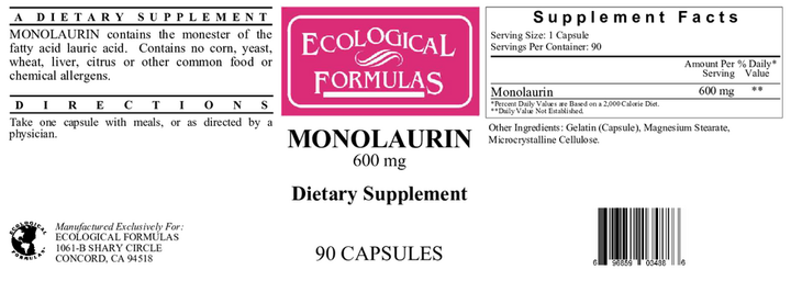 Ecological Formulas Monolaurin 600 mg dietary supplement label showing supplement facts and directions for use.