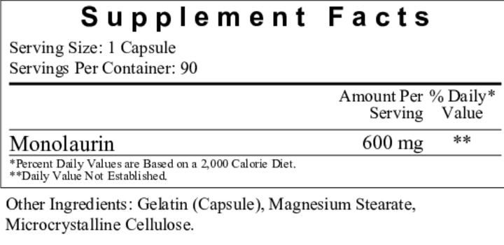 Supplement facts for Ecological Formulas Monolaurin, 600 mg per capsule, serving size 1, 90 servings per container.