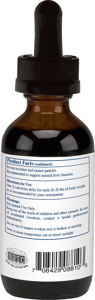Rx Vitamins For Pets Hepato Liquid 4 Oz Bacon Flavor product bottle with dosage instructions for liver support in pets.