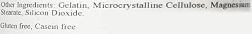 List of other ingredients including gelatin, microcrystalline cellulose, magnesium stearate, and notes on gluten and casein free.