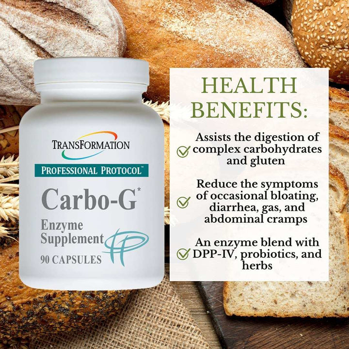 Transformation Enzymes Carbo-G enzyme supplement bottle next to bread showcasing health benefits for digestion.