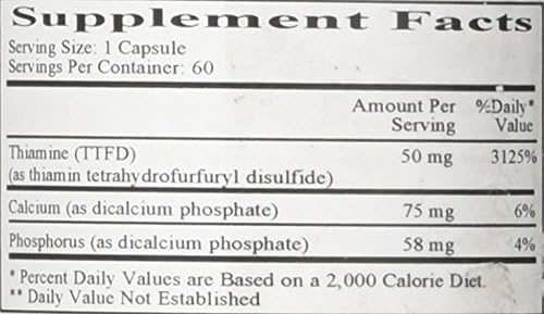 Supplement Facts for Ecological Formulas Allithiamine Vitamin B1 50mg, listing Thiamine, Calcium, Phosphorus content.