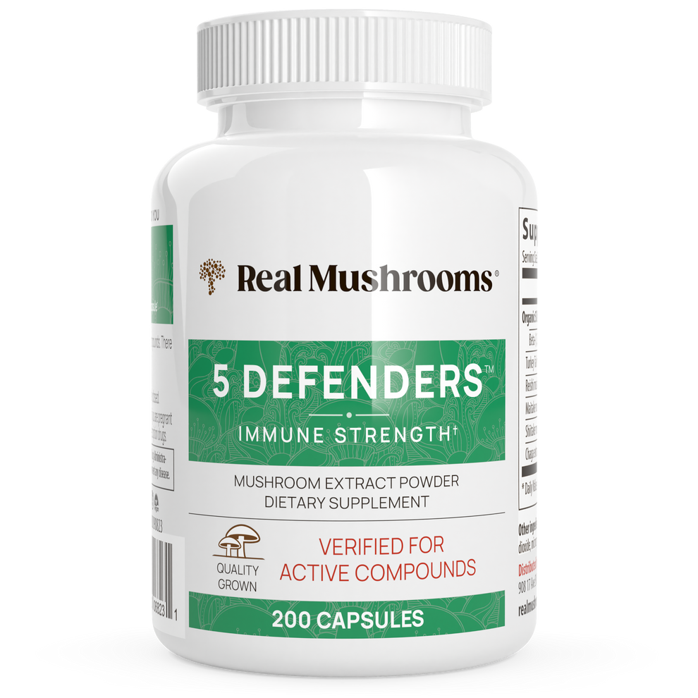 Real Mushrooms 5-Defenders Mushroom Extract Powder 200 Capsules for immune support and wellness.