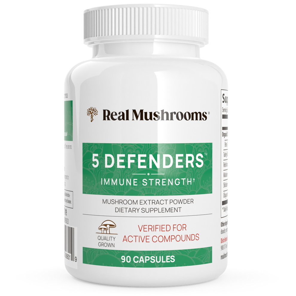 Real Mushrooms 5-Defenders Mushroom Extract 90 Capsules Immune Support Supplement Bottle