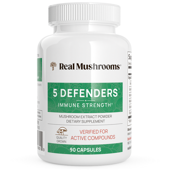 Real Mushrooms 5-Defenders Mushroom Extract 90 Capsules Immune Support Supplement Bottle
