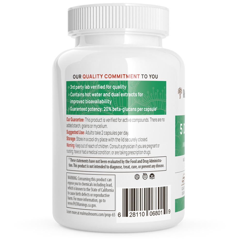 Real Mushrooms 5-Defenders Mushroom Extract back label showcasing quality commitment and nutritional information.