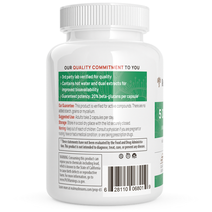 Real Mushrooms 5-Defenders Mushroom Extract back label showcasing quality commitment and nutritional information.