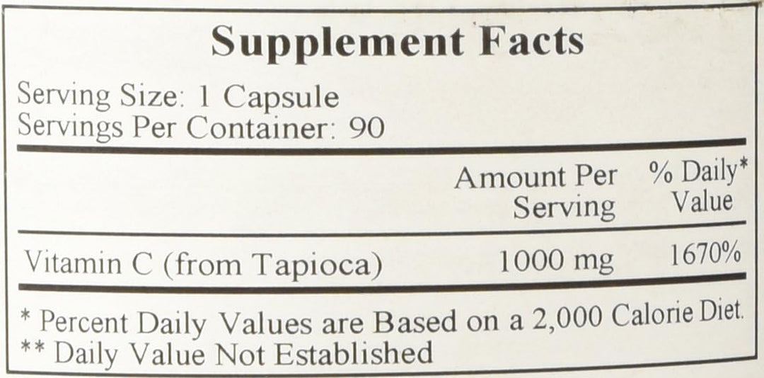 Supplement facts for Ecological Formulas Vitamin C-1000, showing 1000 mg Vitamin C from tapioca per capsule.