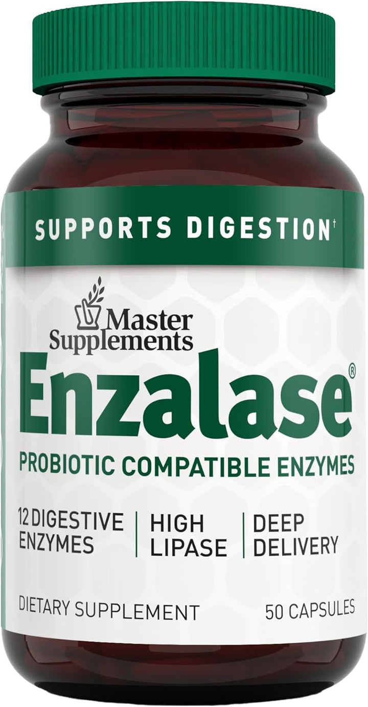 Master Supplements Enzalase Digestive Enzymes bottle with 50 capsules, supports digestion and probiotic compatible enzymes.
