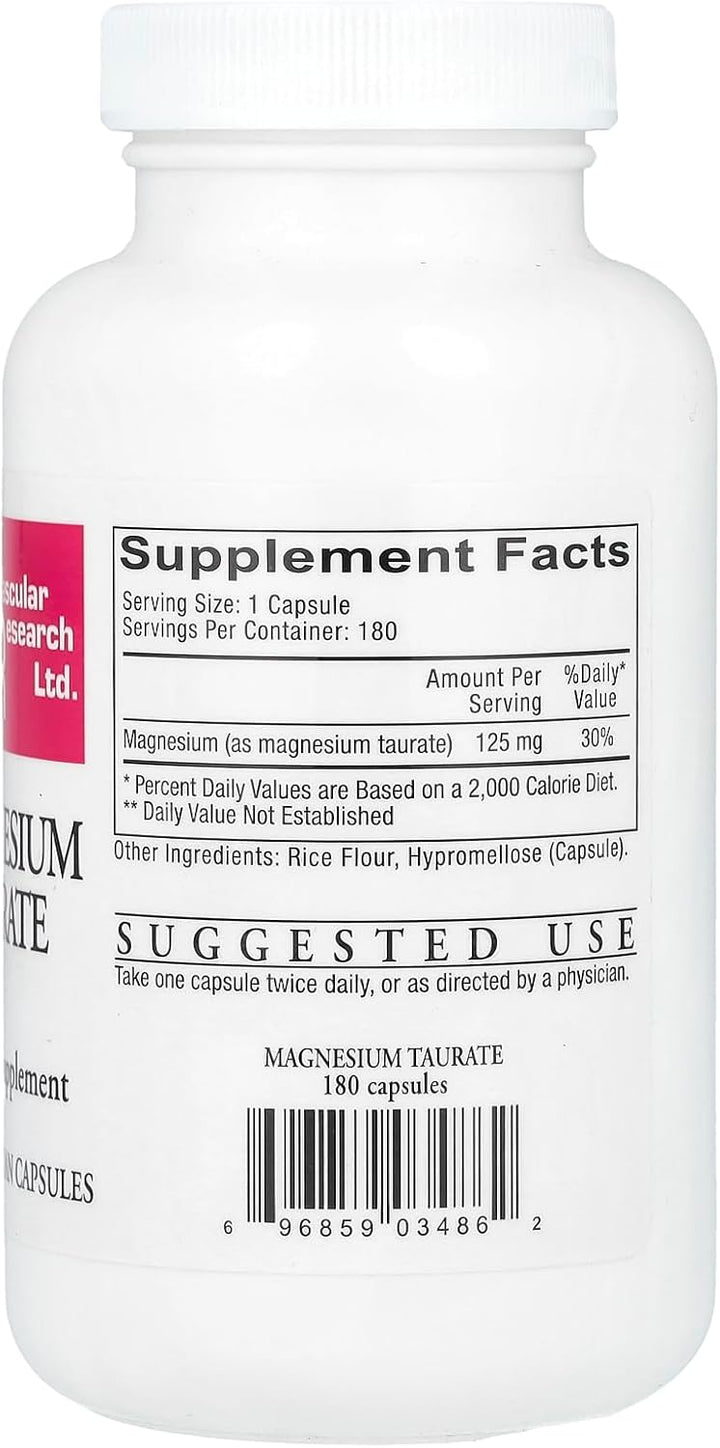 Cardiovascular Research Magnesium Taurate 180 VegCaps supplement facts label showing ingredients and usage instructions.