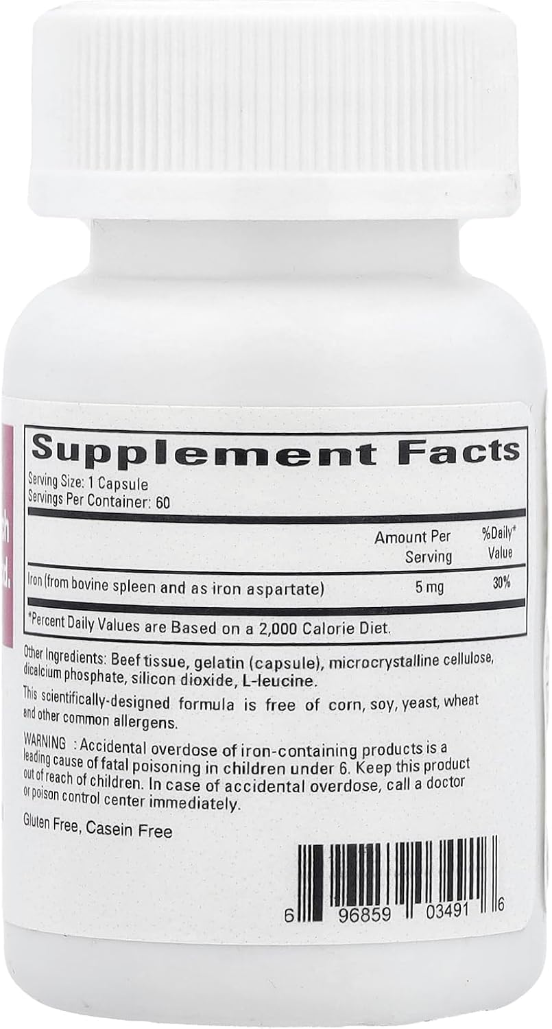 Cardiovascular Research Ferritin Bioavailable Iron 5 mg Supplement Facts label on bottle showing ingredients and serving size.