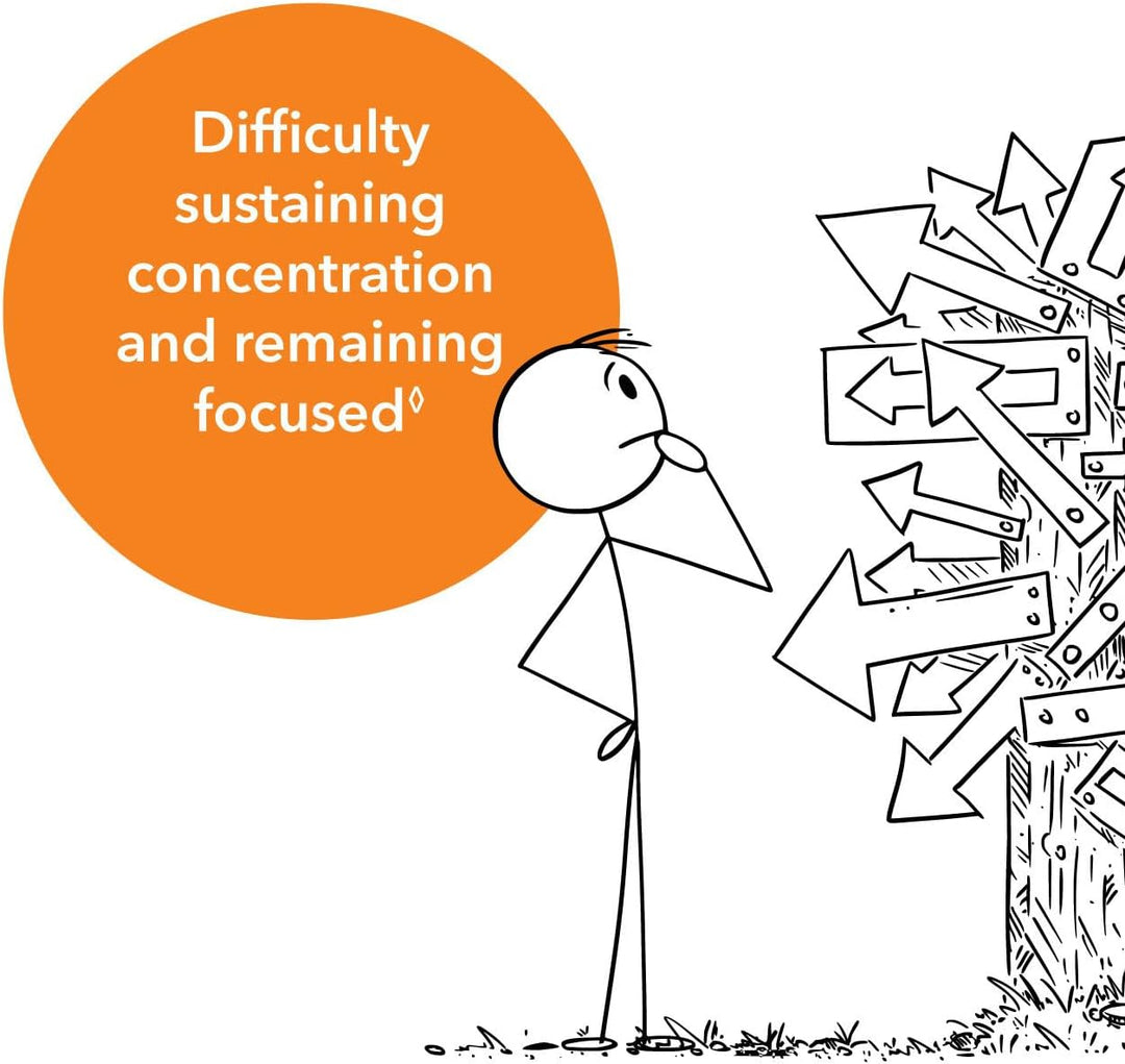 Illustration showing a stick figure pondering over arrows indicating direction, with text about difficulty staying focused.