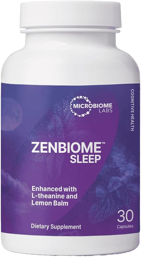 Microbiome Labs ZenBiome Sleep capsules bottle for relaxation and restful sleep, dietary supplement with 30 capsules.