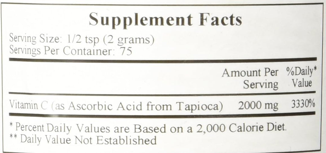 Supplement facts for Ecological Formulas Vitamin C from Tapioca Powder, detailing serving size and vitamin C content.