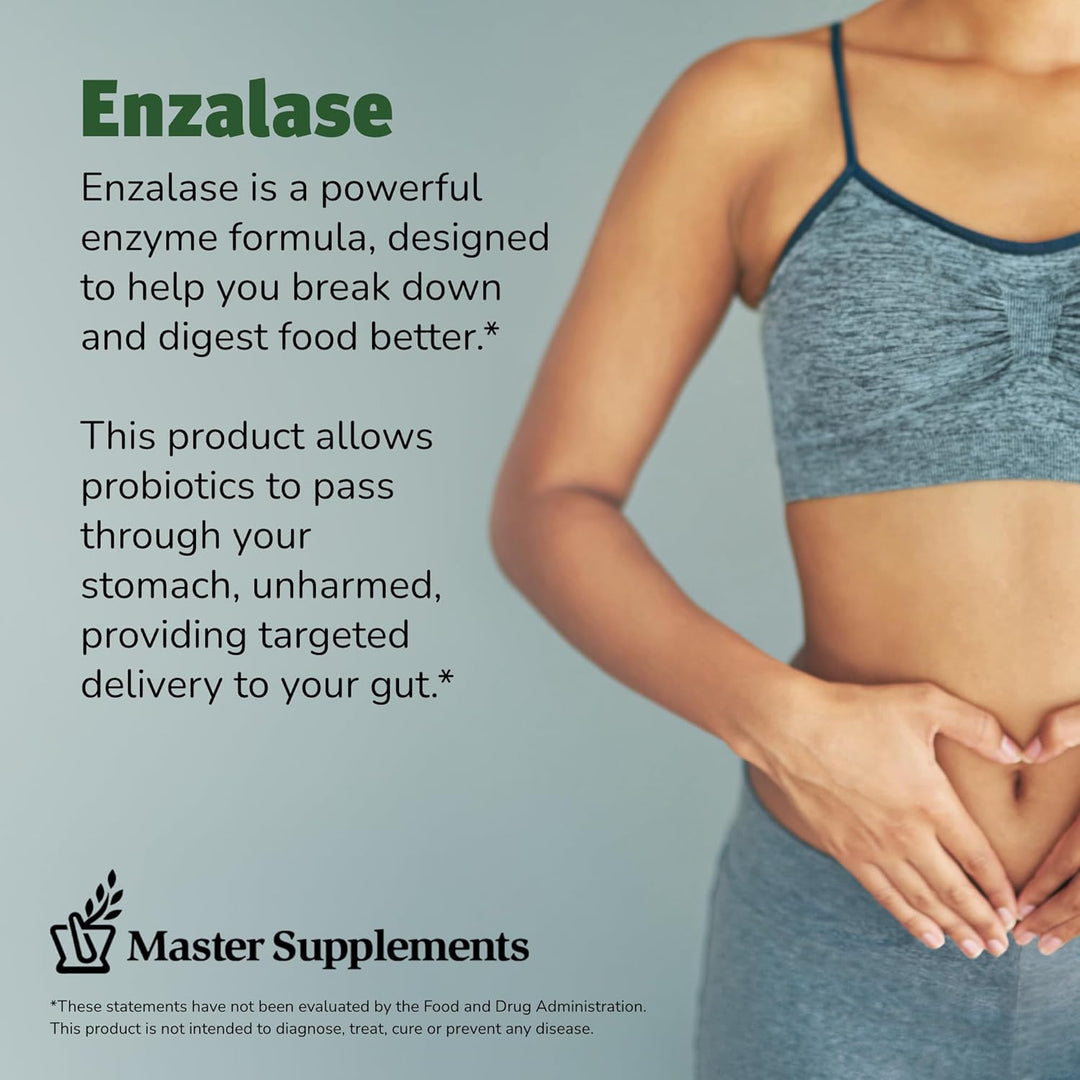 Master Supplements Enzalase Digestive Enzymes product image showing a woman in activewear promoting digestion.