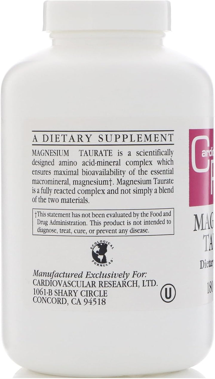 Cardiovascular Research Magnesium Taurate 180 VegCaps dietary supplement bottle with detailed product information