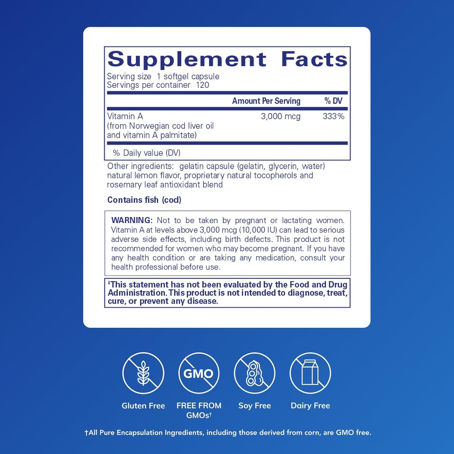 Pure Encapsulations Vitamin A Cod Liver Oil Supplement 10,000 IU 120 Softgels.