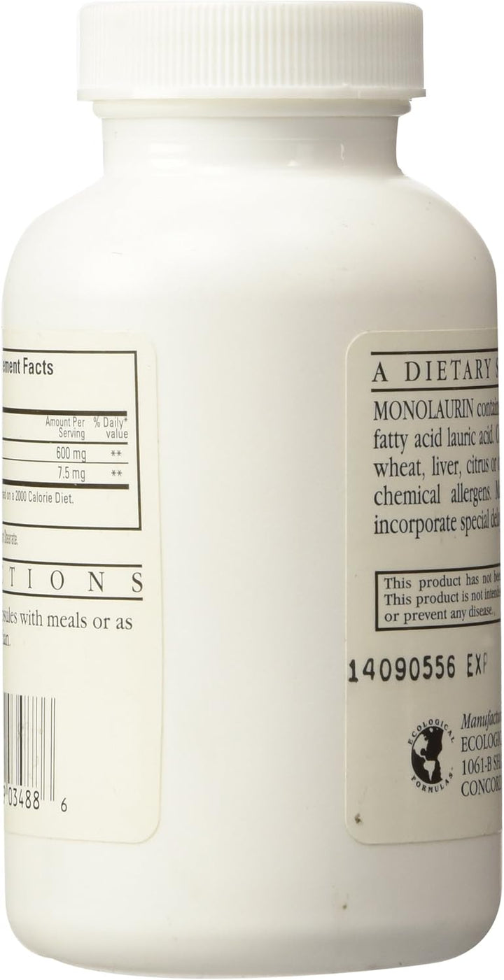 Ecological Formulas Monolaurin 600mg bottle with nutrition facts and expiration date, 90 capsules for antimicrobial support.
