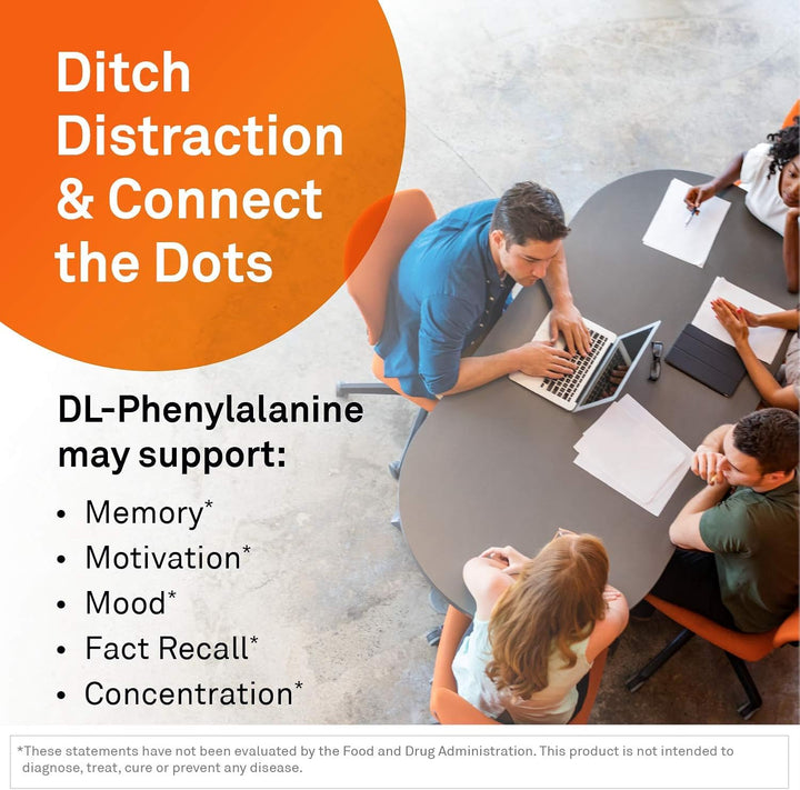Image promoting DL-Phenylalanine benefits for memory, concentration, and mood with a group working together.