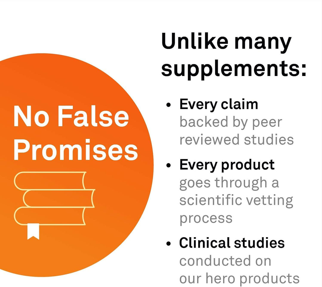 Infographic highlighting no false promises in our supplements, emphasizing peer-reviewed claims and scientific vetting.