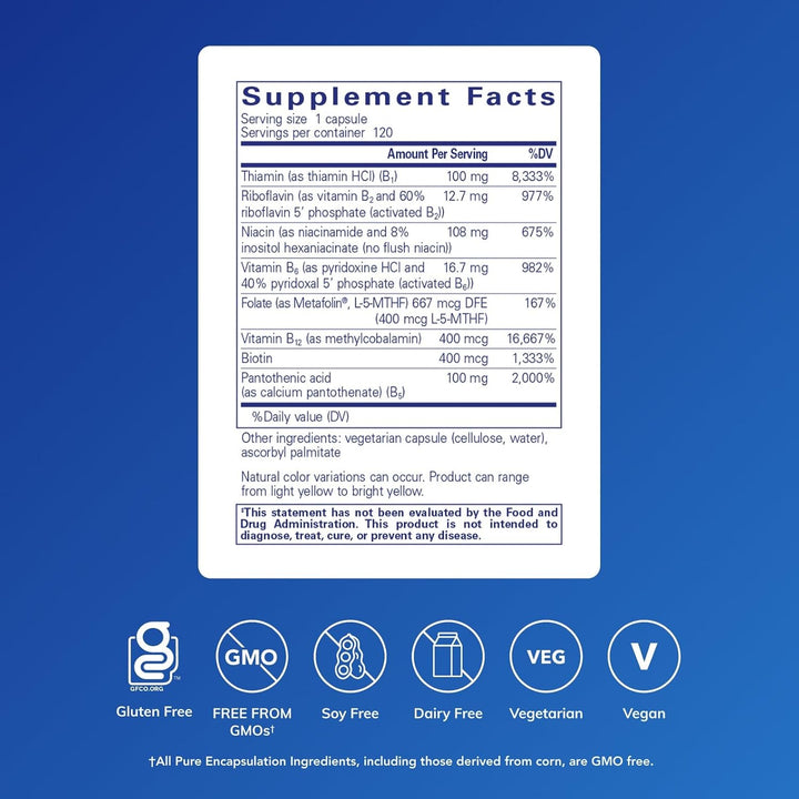 Pure Encapsulations B Complex Plus Supports Brain and Heart Health 120 Capsules.
