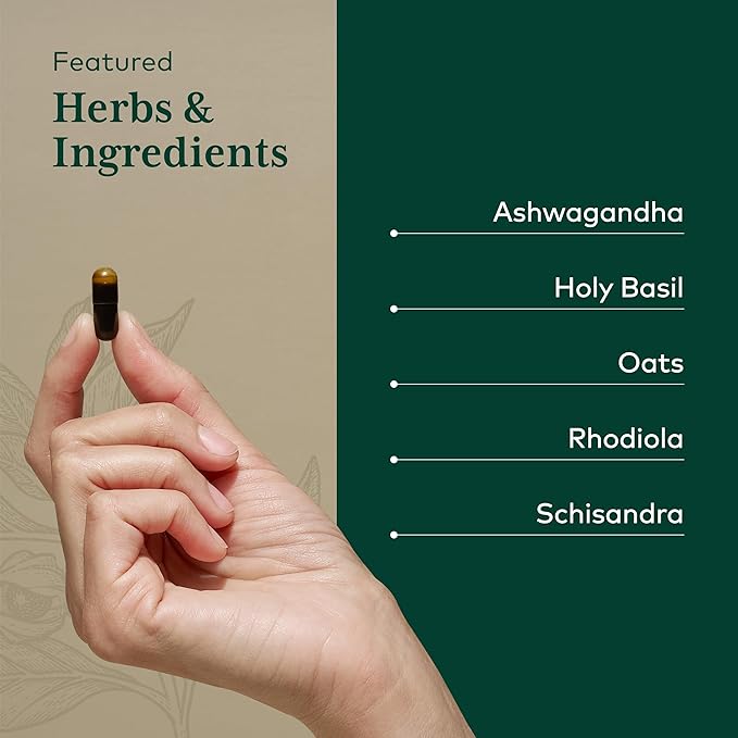 Gaia Herbs HPA Axis Daytime Maintenance capsules featuring Ashwagandha, Holy Basil, Oats, Rhodiola, and Schisandra.