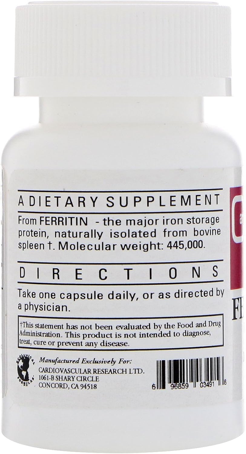 Cardiovascular Research Ferritin Bioavailable Iron supplement bottle directions for use and information.