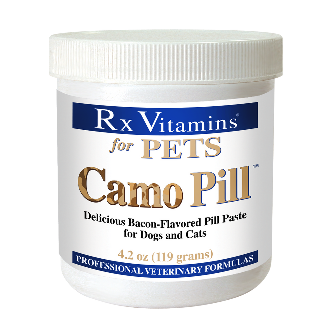 Rx Vitamins For Pets Camo Pill 4.2 Oz Bacon Flavor Pill Paste for Dogs and Cats packaging.
