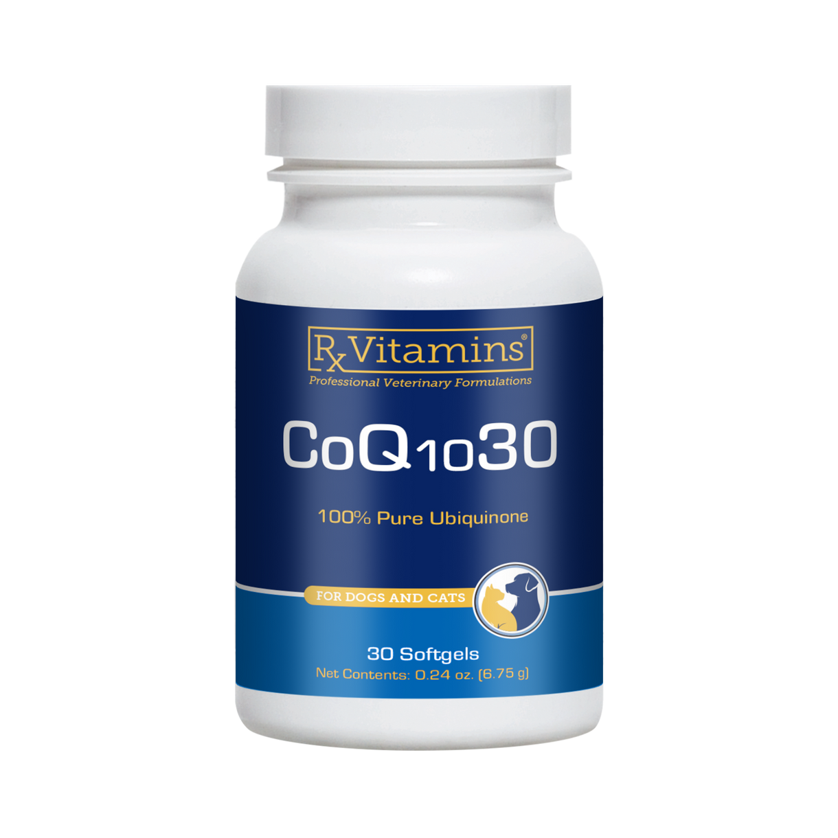 Rx Vitamins CoQ10 30 Capsules Antioxidant Supplement for Dogs and Cats in a bottle.