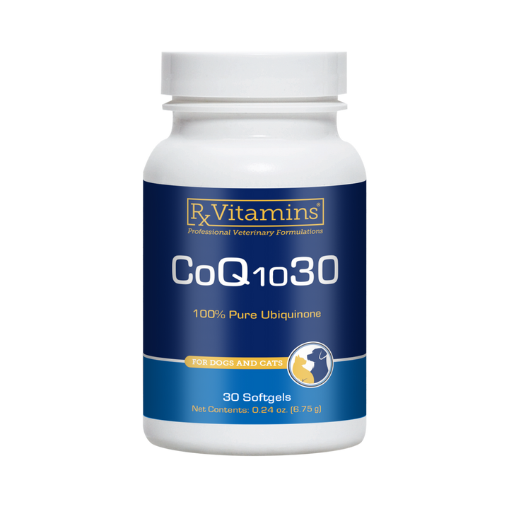 Rx Vitamins CoQ10 30 Capsules Antioxidant Supplement for Dogs and Cats in a bottle.