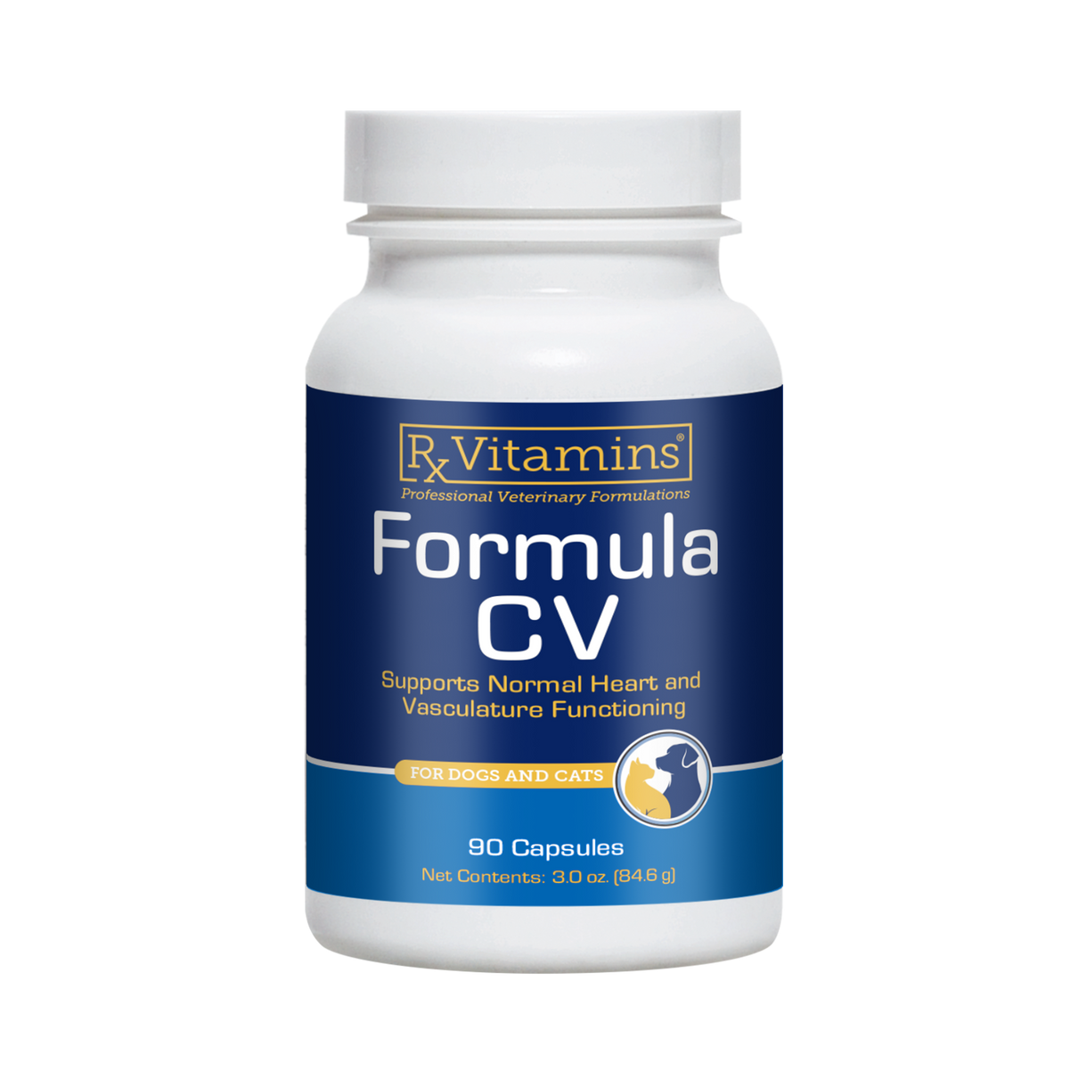 Rx Vitamins For Pets Formula CV Supplement 90 Capsules for Cats and Dogs, supports normal heart and vascular health.
