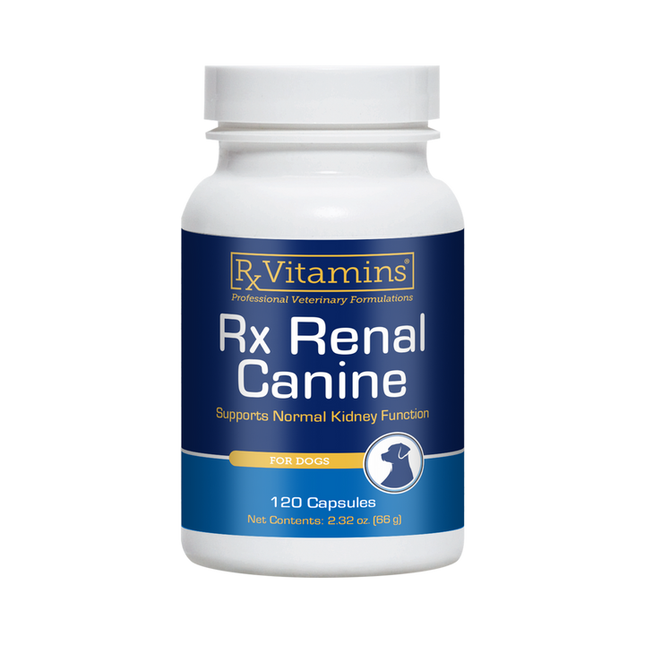 Rx Vitamins For Pets Rx Renal Canine Helps Kidney 120 Capsules for Dogs bottle, supports normal kidney function