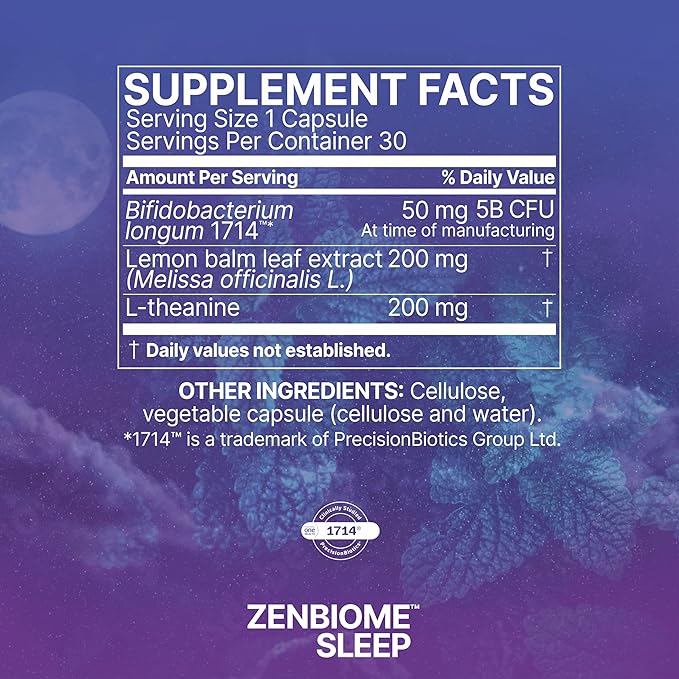 Supplement facts for Microbiome Labs ZenBiome Sleep showing ingredients and serving information.