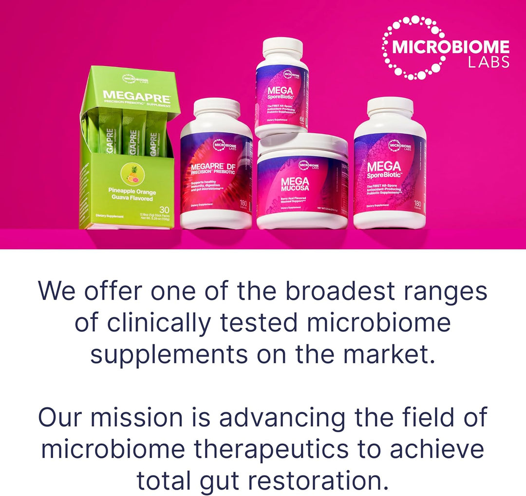 Microbiome Labs MegaMycoBalance and other microbiome supplements on display with branding.
