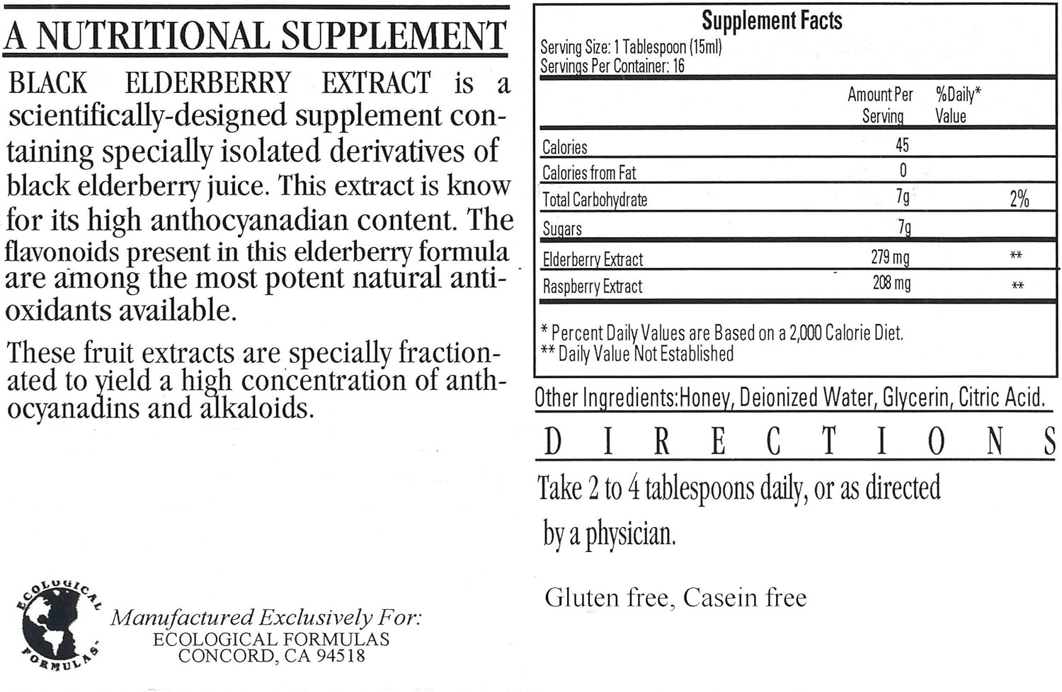 Ecological Formulas Black Elderberry Syrup nutritional supplement facts and directions for use.