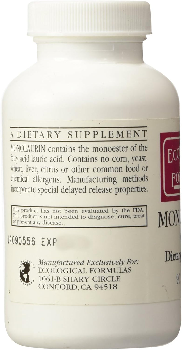 Ecological Formulas Monolaurin 600mg dietary supplement bottle for antimicrobial support with 90 capsules.